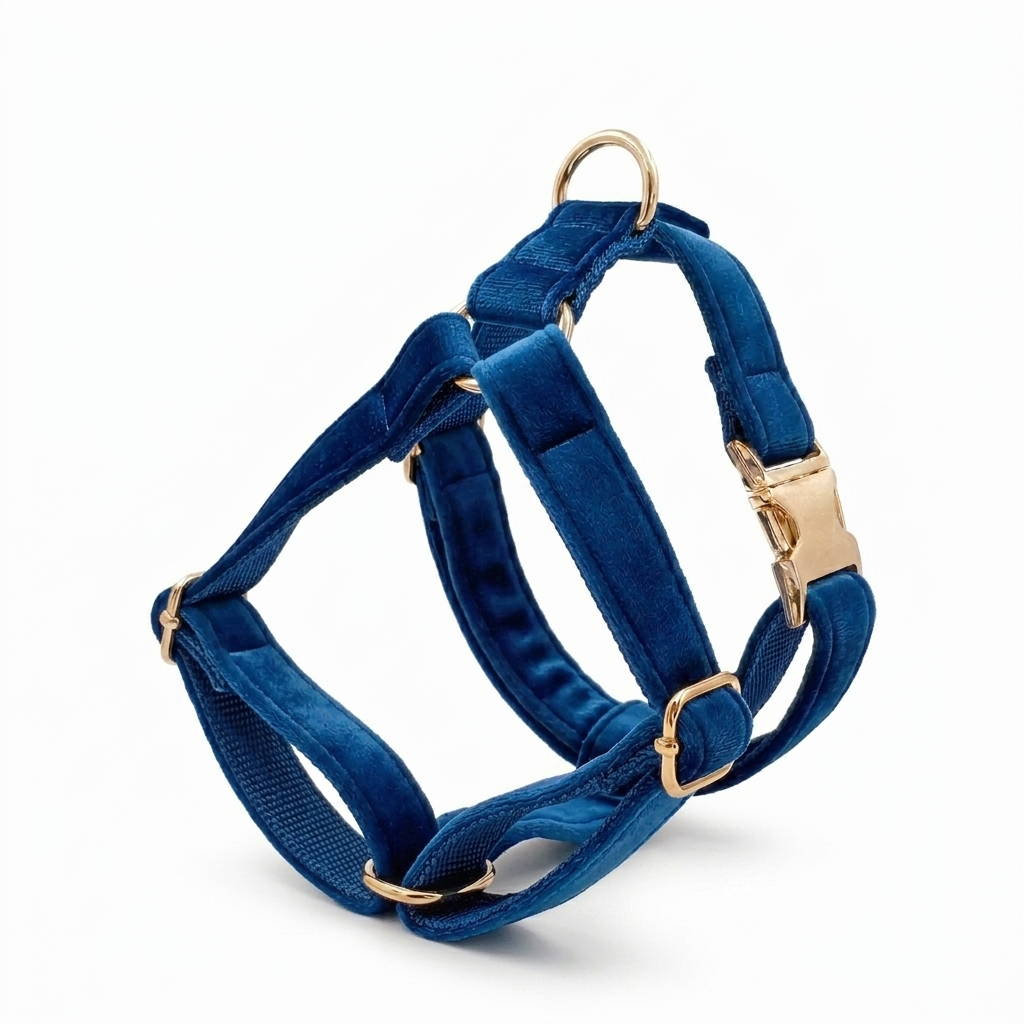Dark Blue Velvet Dog Harness | Customisable