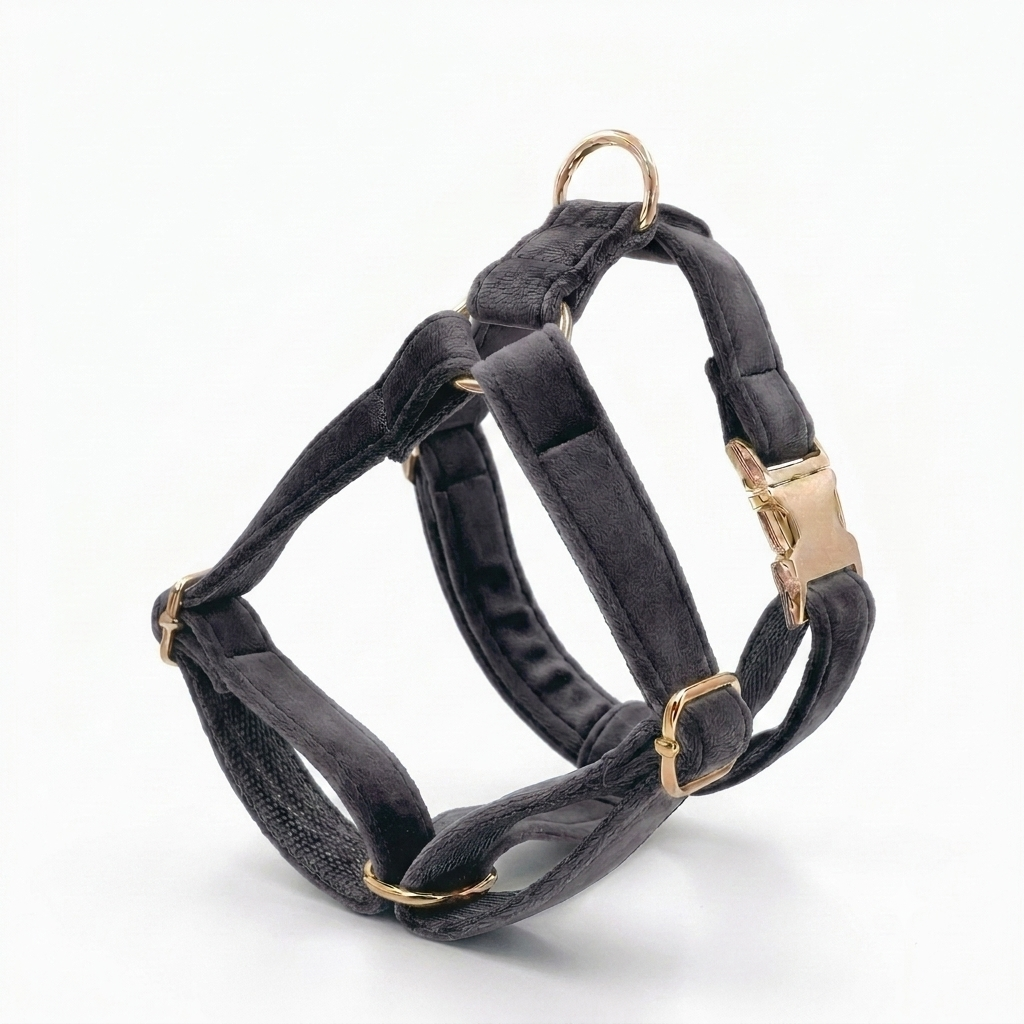 Dark Grey Velvet Dog Harness | Customisable