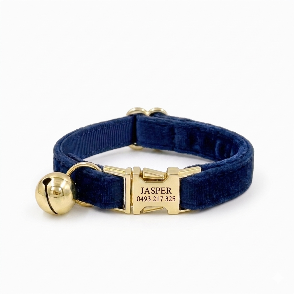 Dark Blue Velvet Cat Collar | Personalised