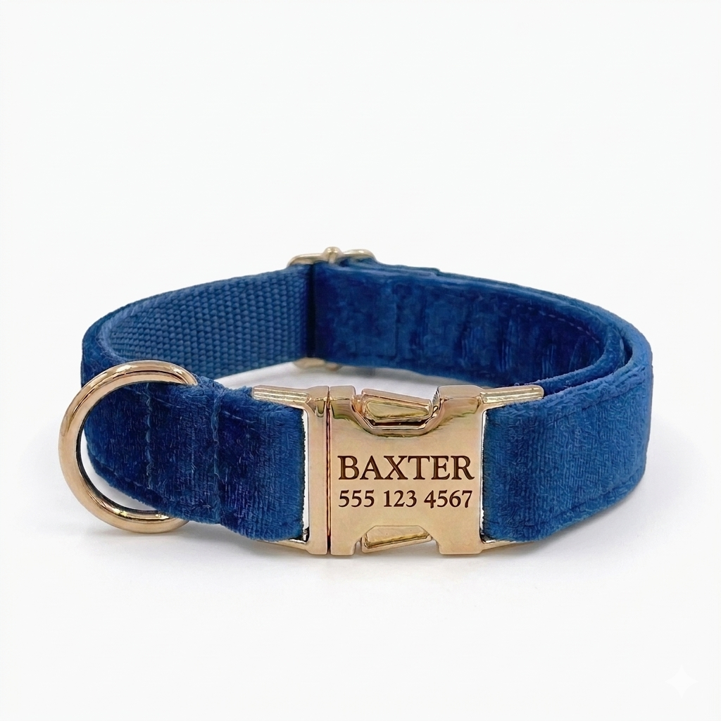 Dark Blue Velvet Dog Collar | Personalised