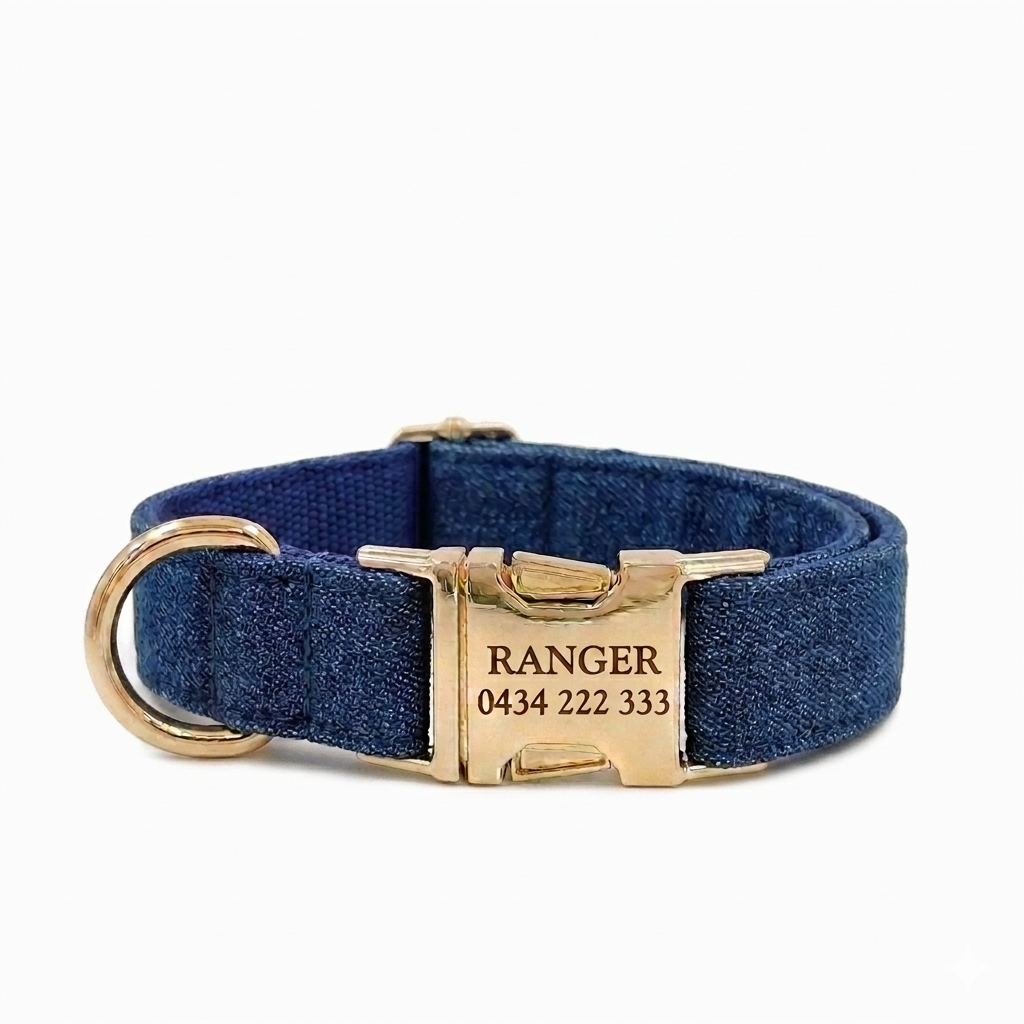 Dark Blue Denim Dog Collar | Personalised
