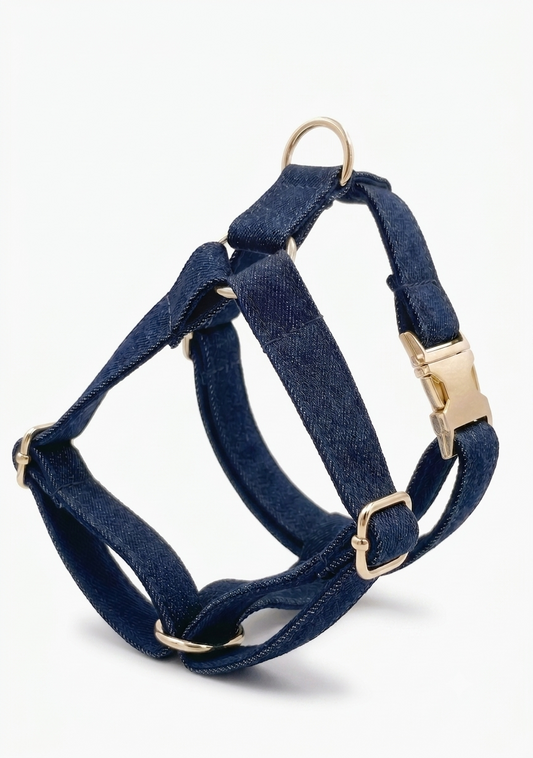 Dark Blue Denim Dog Harness | Customisable