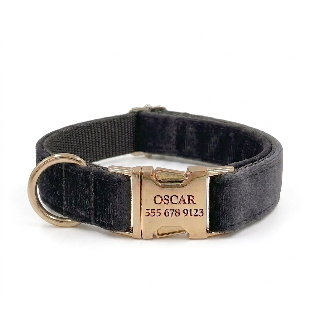 Dark Grey Velvet Dog Collar | Personalised