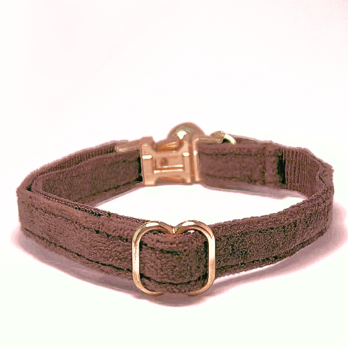 Personalised velvet cat collar - dark brown colour with a gold buckle and bell. Add personalised engraving on the buckle.