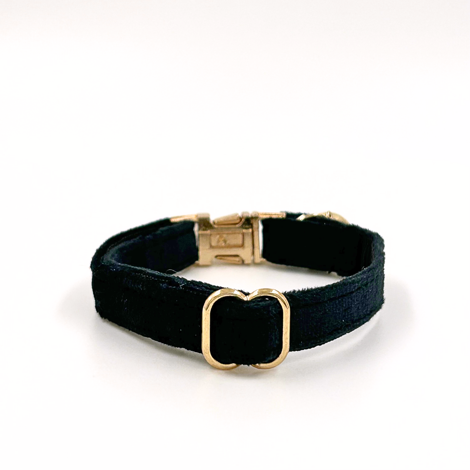 Personalised velvet cat collar - black colour with a gold buckle and bell. Add personalised engraving on the buckle.