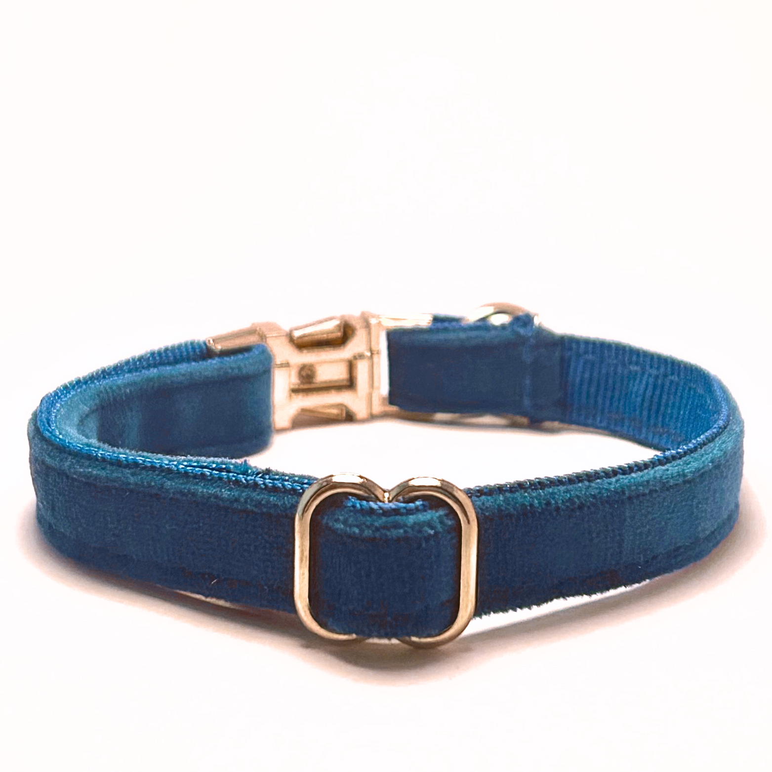 Personalised velvet cat collar - teal colour with a gold buckle and bell. Add personalised engraving on the buckle.