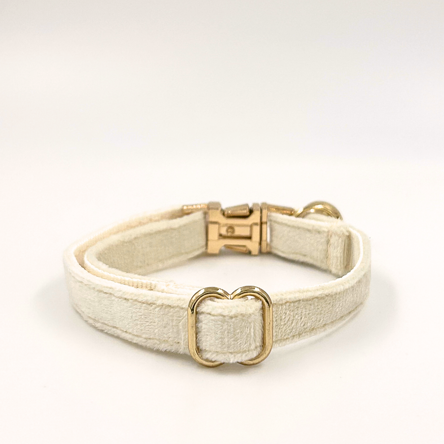 Personalised velvet cat collar - white colour with a gold buckle and bell. Add personalised engraving on the buckle.