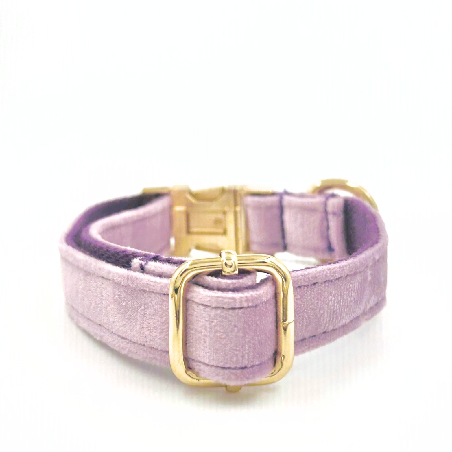 Personalised velvet dog collar - lilac colour with a gold buckle and D-ring. Add personalised engraving on the buckle