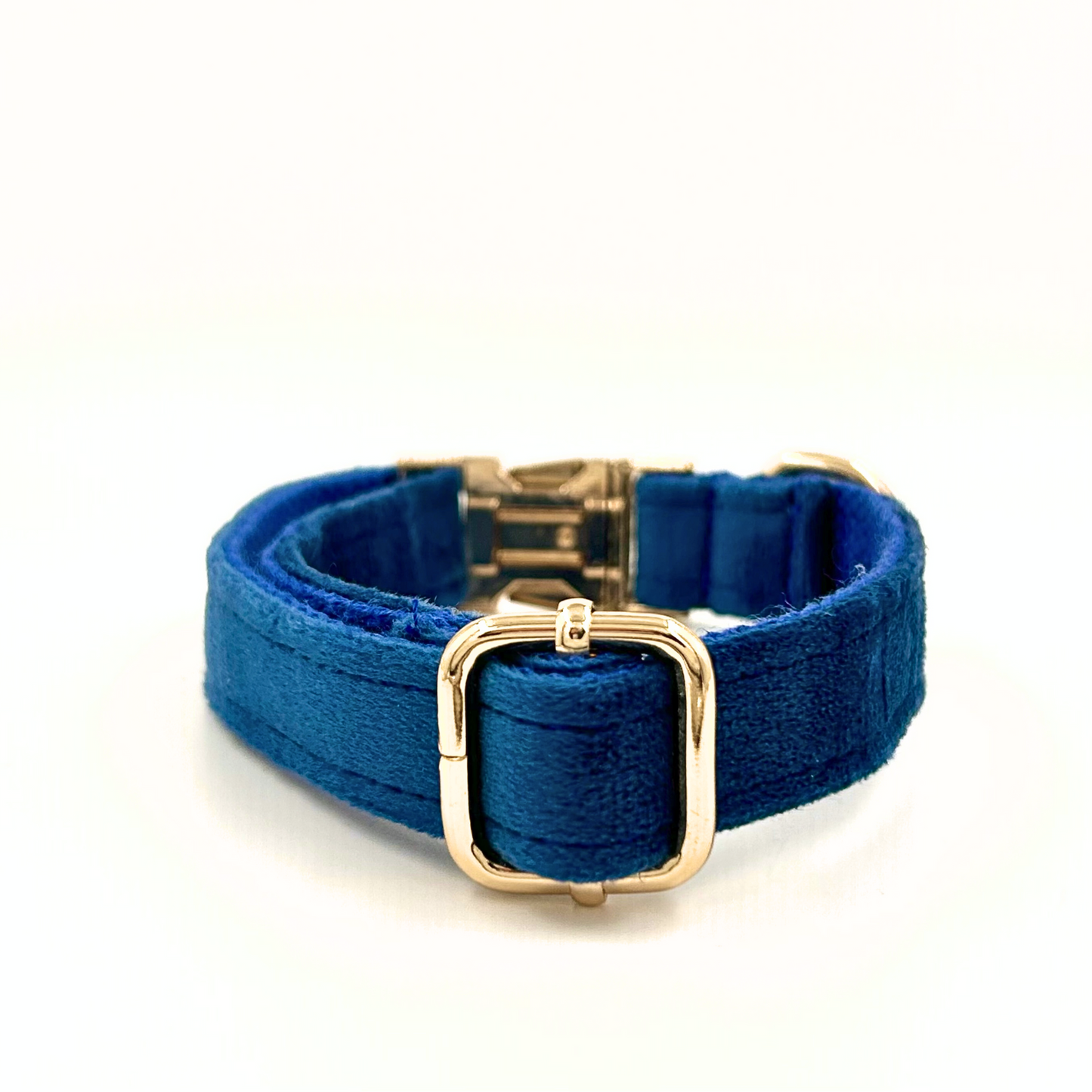 Personalised velvet dog collar - royal blue colour with a gold buckle and D-ring. Add personalised engraving on the buckle