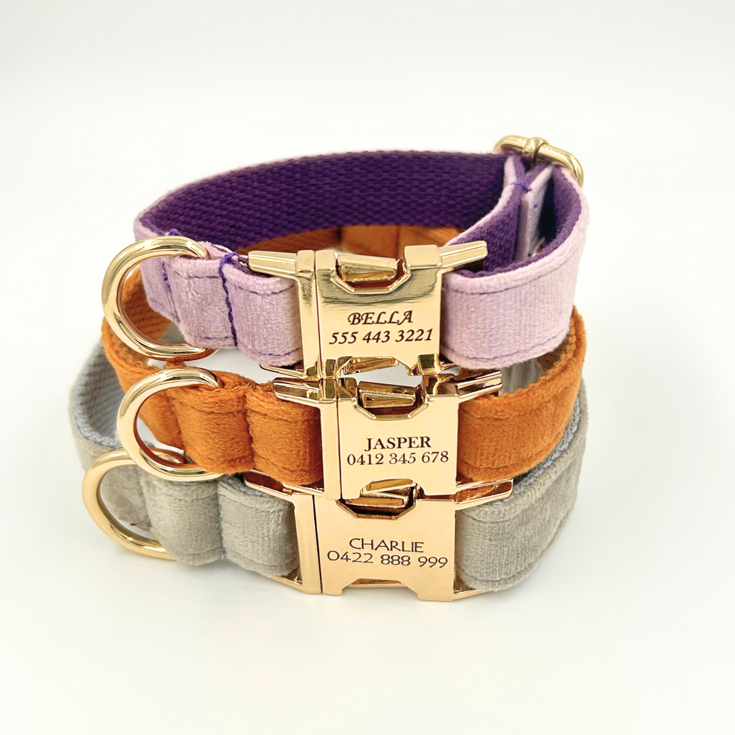 Personalised velvet dog collar - light brown colour with a gold buckle and D-ring. Add personalised engraving on the buckle