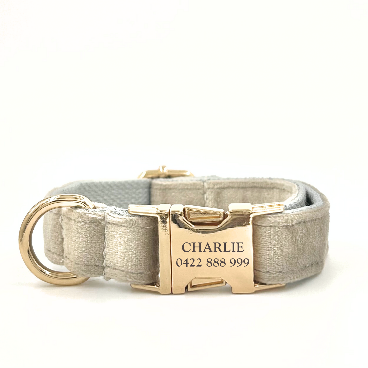 Personalised velvet dog collar - light grey colour with a gold buckle and D-ring. Add personalised engraving on the buckle