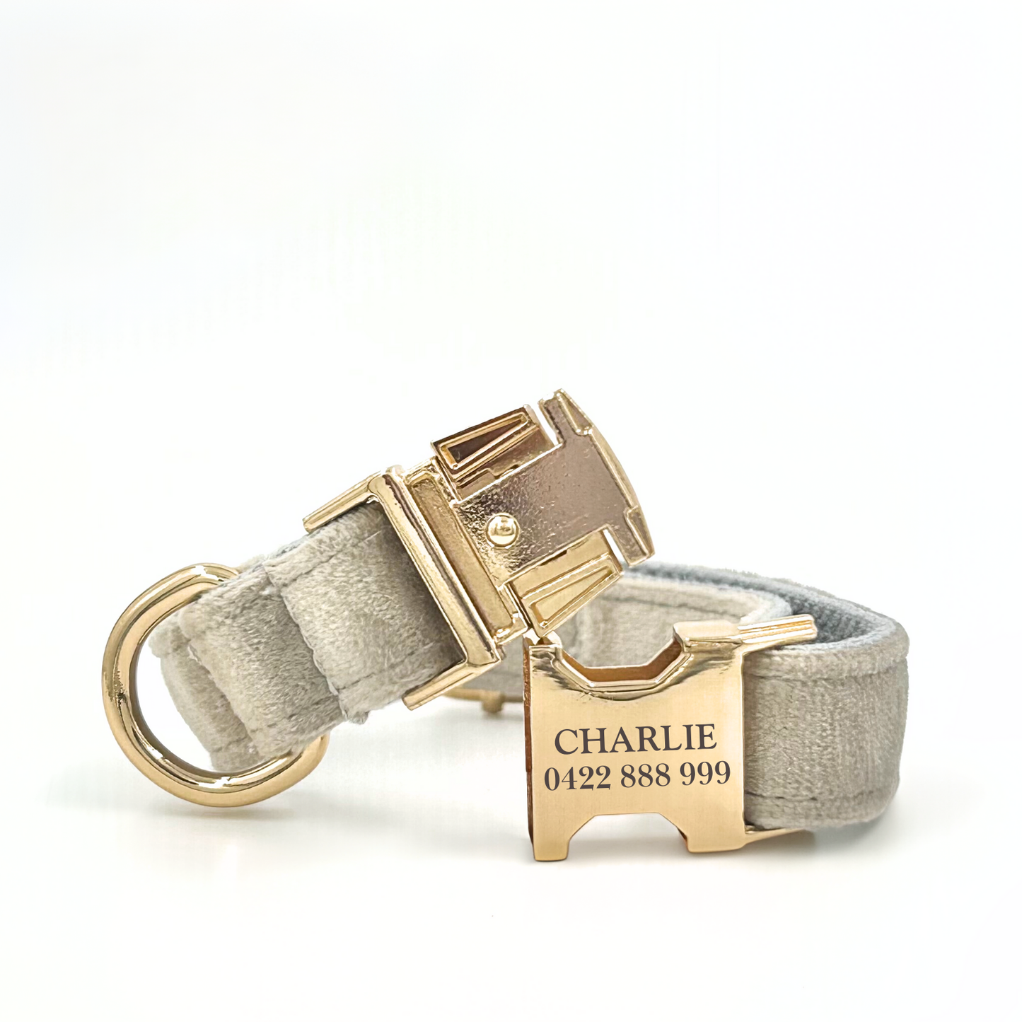 Personalised velvet dog collar - light grey colour with a gold buckle and D-ring. Add personalised engraving on the buckle