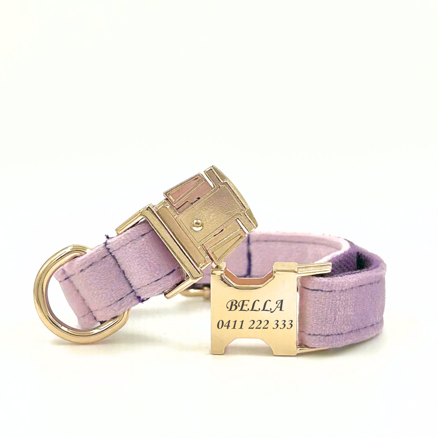 Personalised velvet dog collar - lilac colour with a gold buckle and D-ring. Add personalised engraving on the buckle