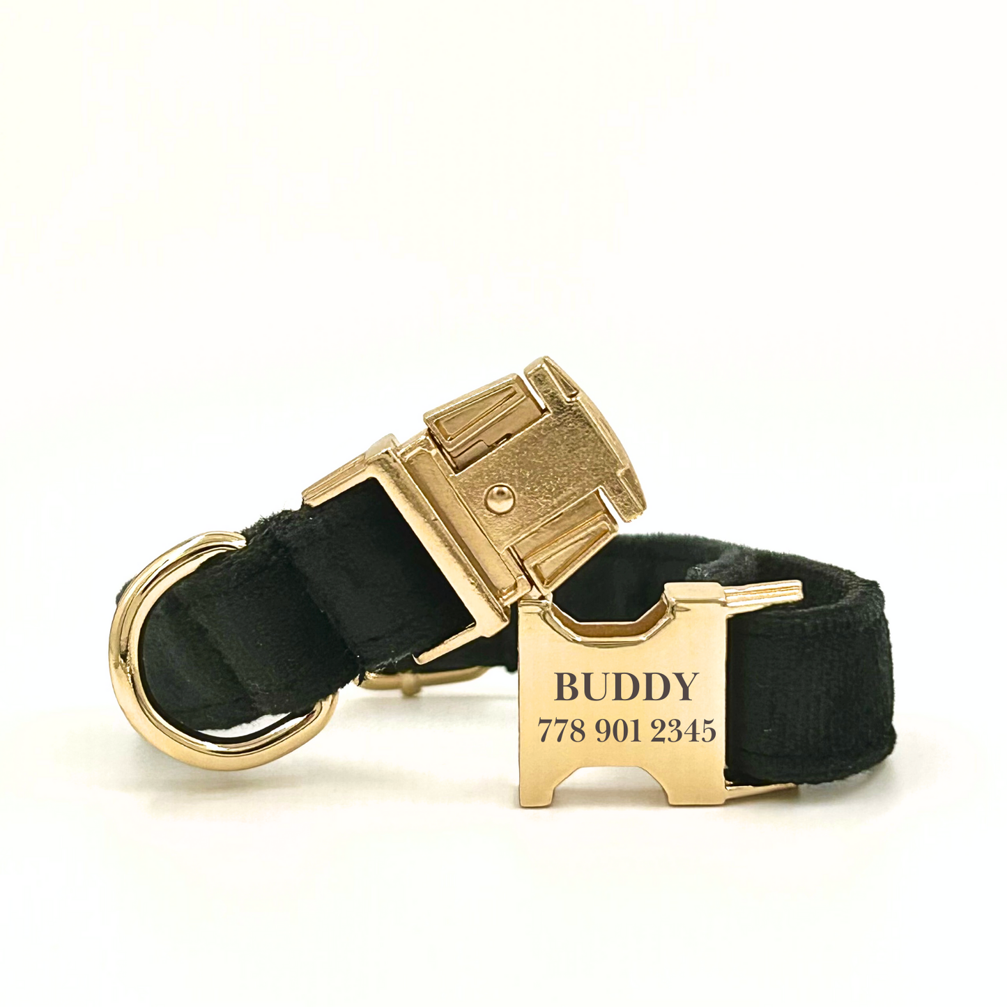 Personalised velvet dog collar - black colour with a gold buckle and D-ring. Add personalised engraving on the buckle