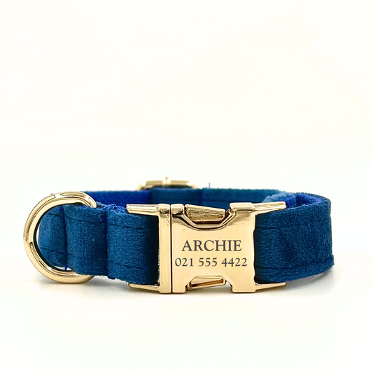 Personalised velvet dog collar - royal blue colour with a gold buckle and D-ring. Add personalised engraving on the buckle