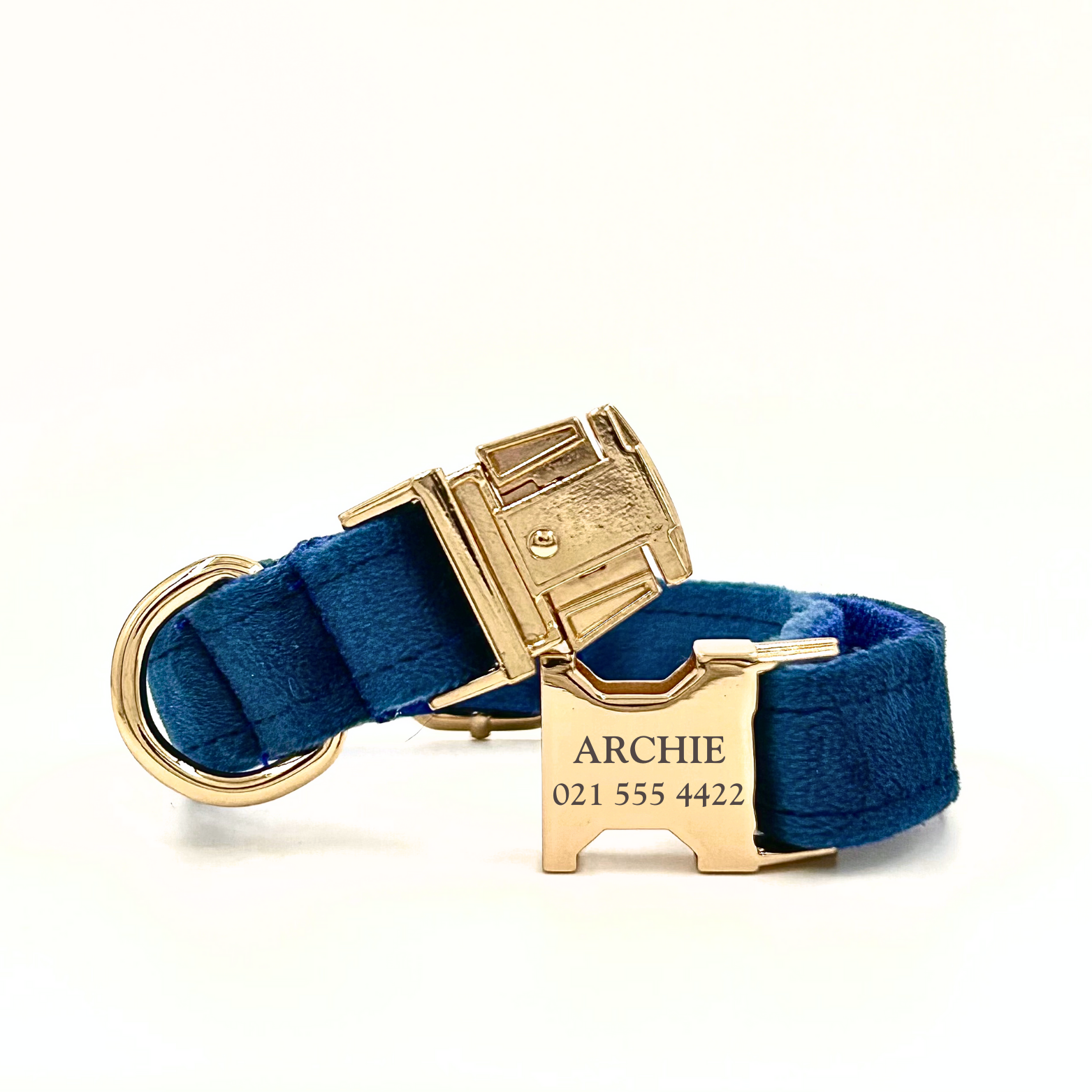 Personalised velvet dog collar - royal blue colour with a gold buckle and D-ring. Add personalised engraving on the buckle