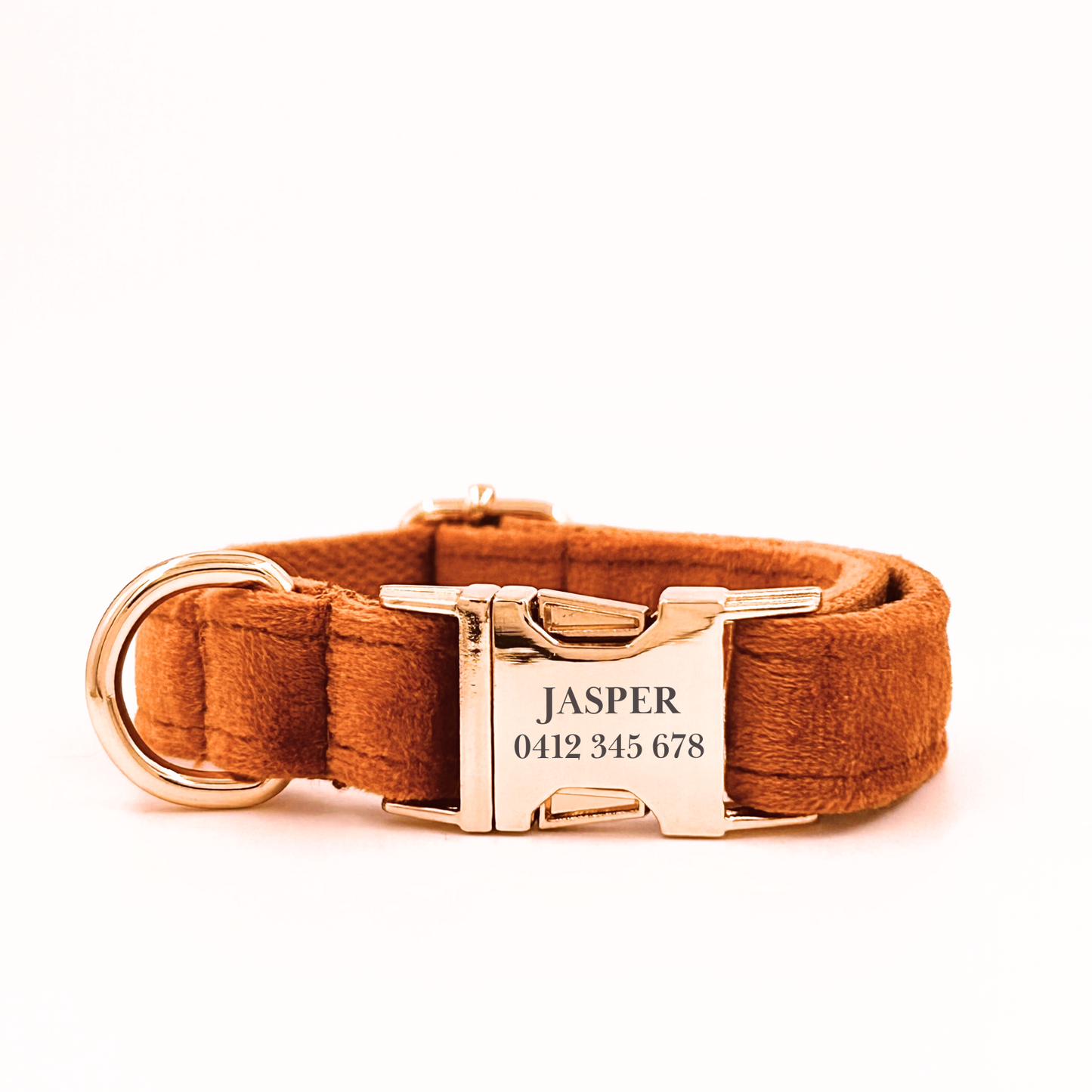 Personalised velvet dog collar - light brown colour with a gold buckle and D-ring. Add personalised engraving on the buckle