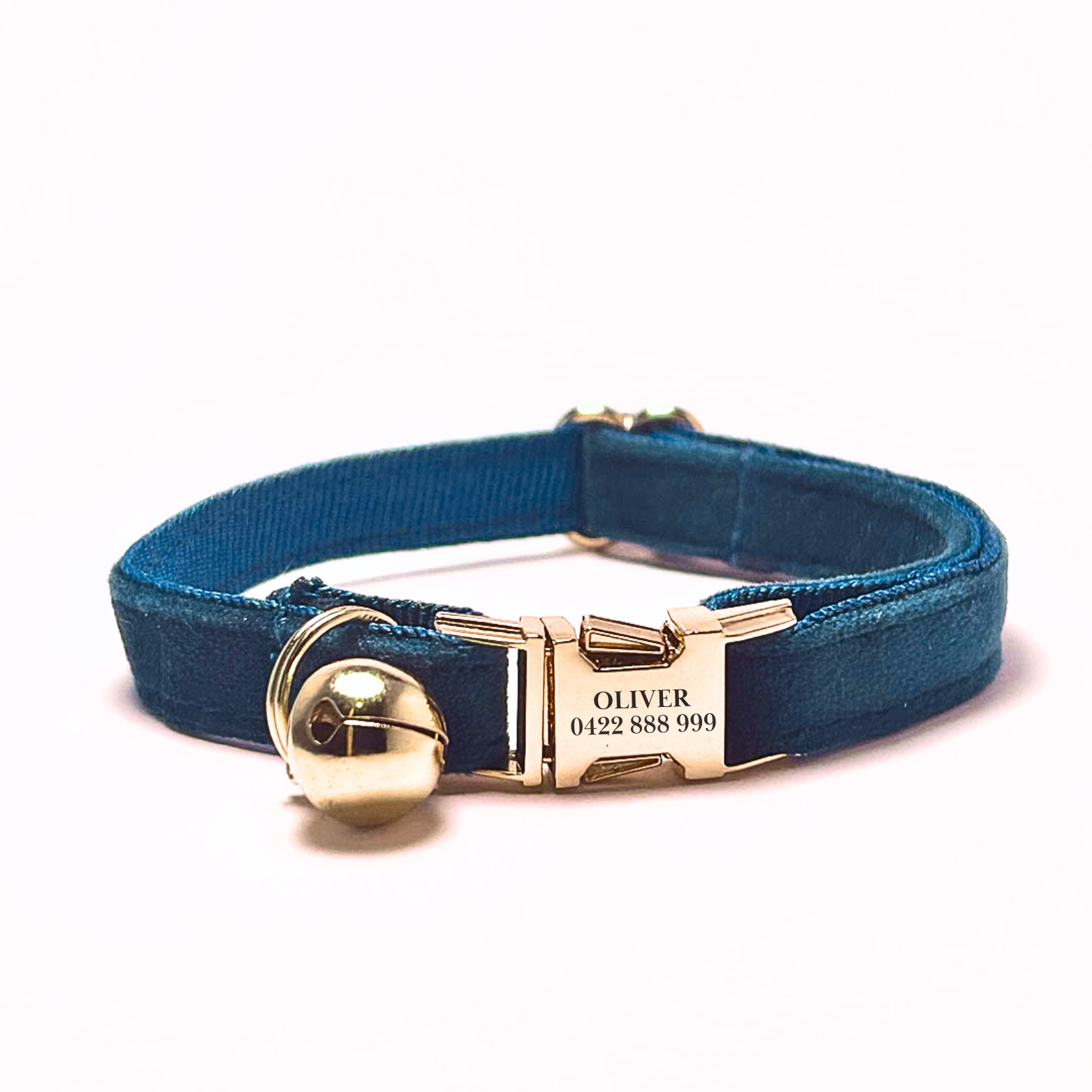 Personalised velvet cat collar - teal colour with a gold buckle and bell. Add personalised engraving on the buckle.