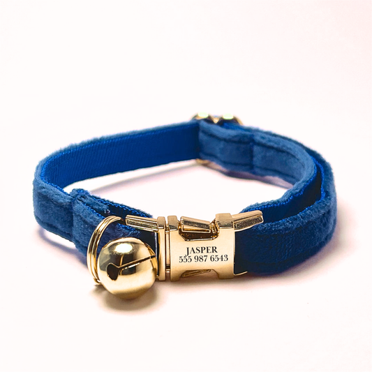 Personalised velvet cat collar - royal blue colour with a gold buckle and bell. Add personalised engraving on the buckle.