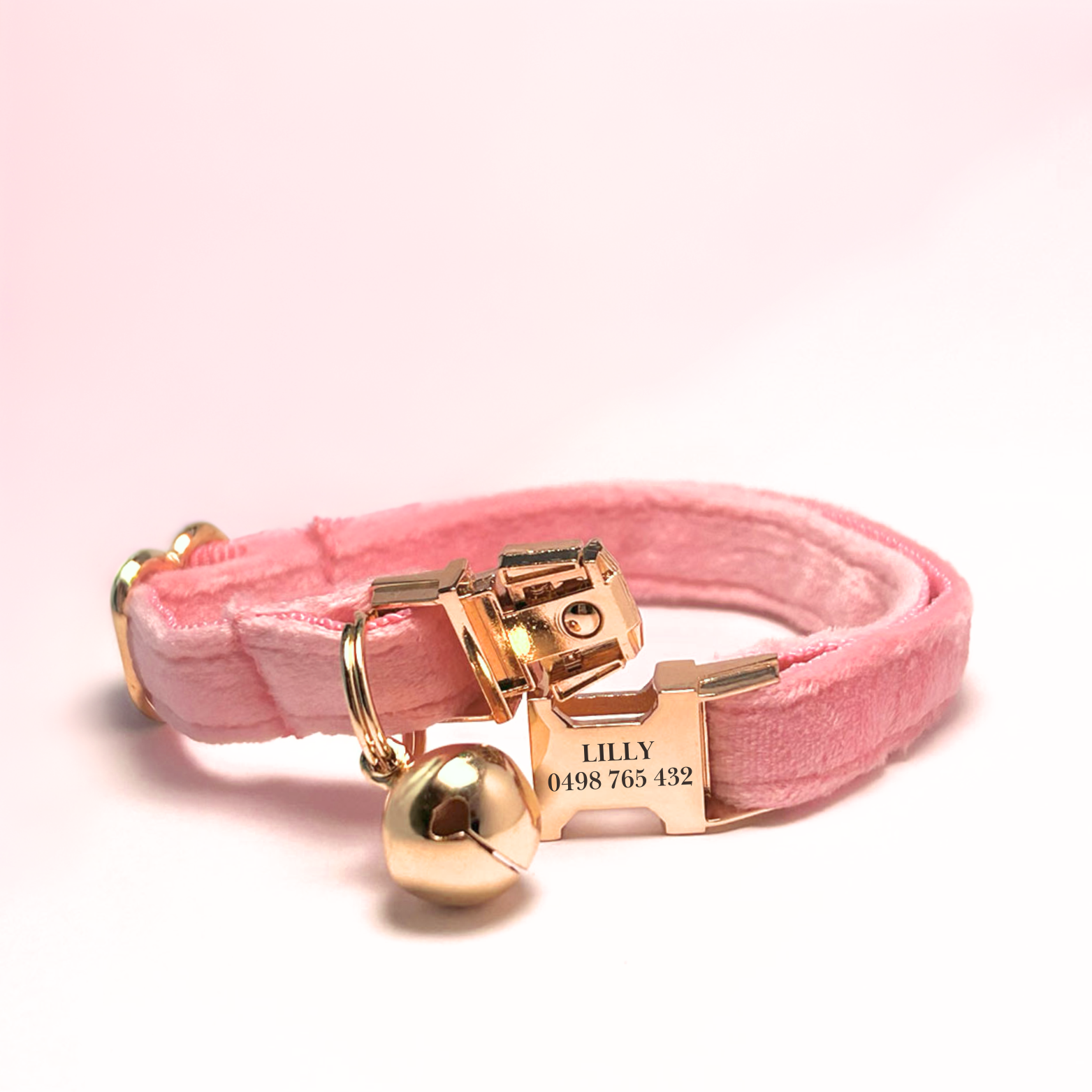 Personalised velvet cat collar - pink colour with a gold buckle and bell. Add personalised engraving on the buckle.