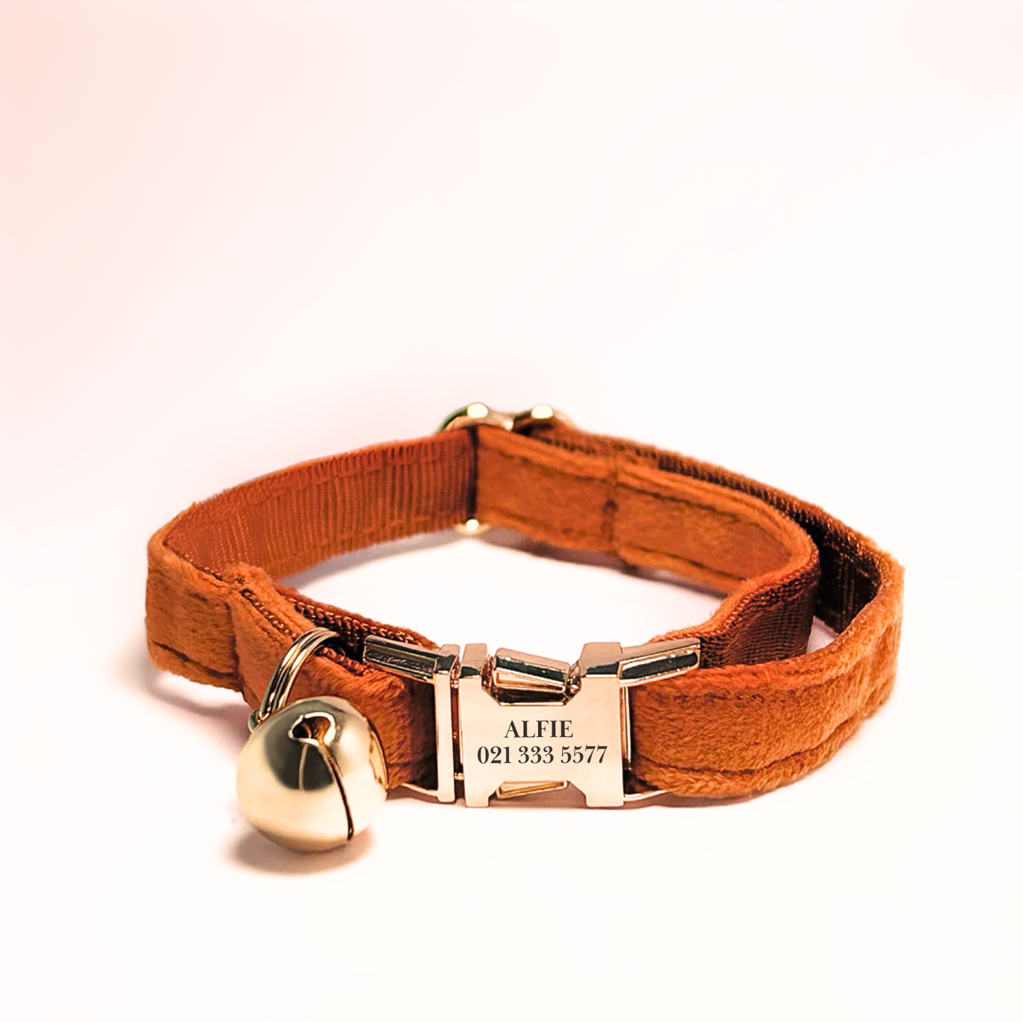 Personalised velvet cat collar - light brown colour with a gold buckle and bell. Add personalised engraving on the buckle.