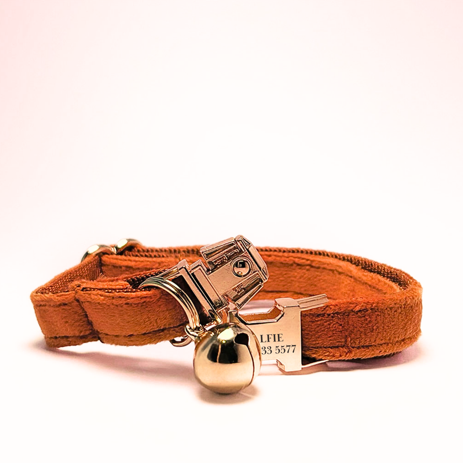 Personalised velvet cat collar - light brown colour with a gold buckle and bell. Add personalised engraving on the buckle.