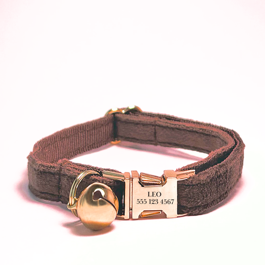 Personalised velvet cat collar - dark brown colour with a gold buckle and bell. Add personalised engraving on the buckle.