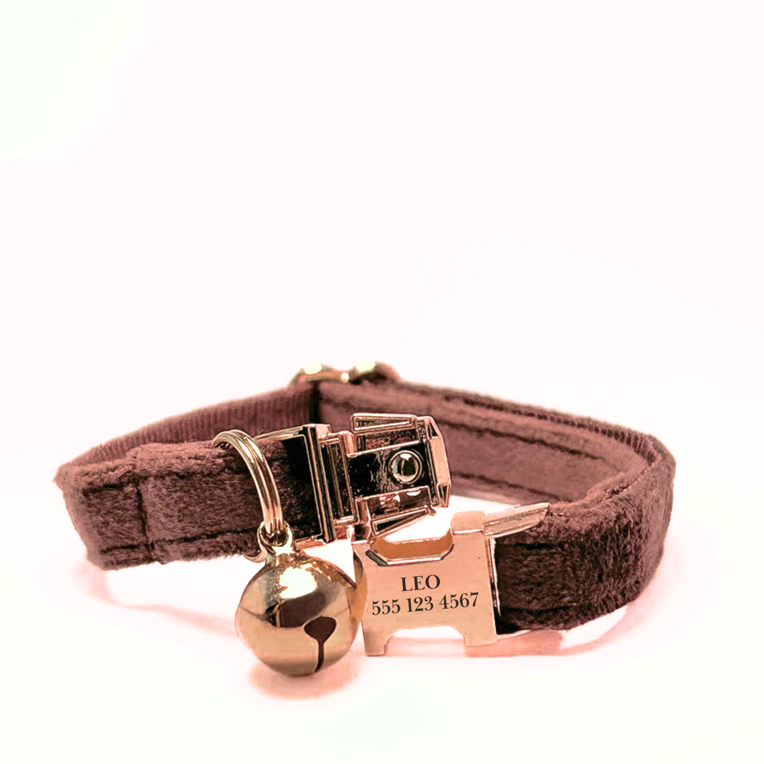 Personalised velvet cat collar - dark brown colour with a gold buckle and bell. Add personalised engraving on the buckle.