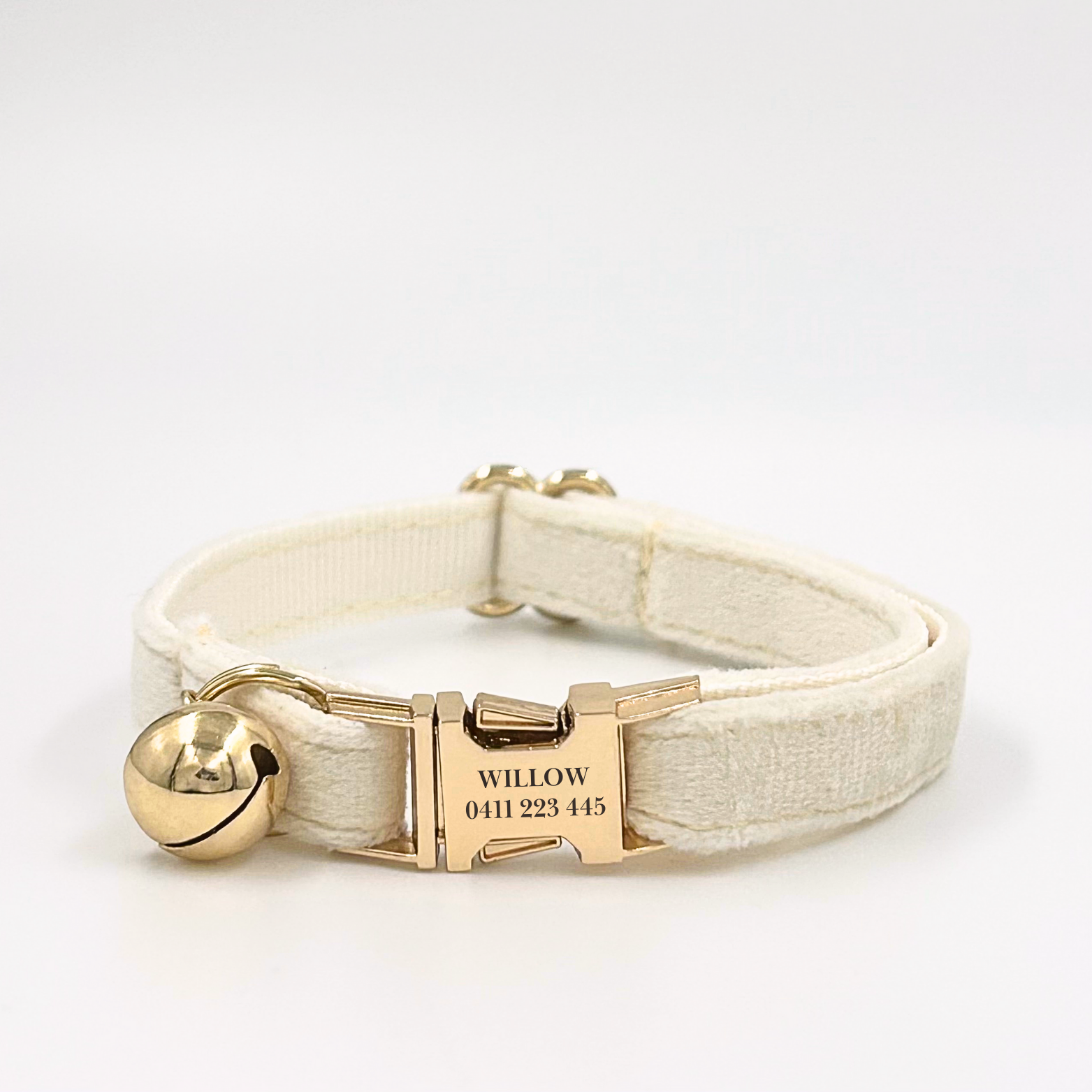 Personalised velvet cat collar - white colour with a gold buckle and bell. Add personalised engraving on the buckle.