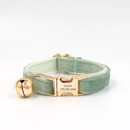 Personalised velvet cat collar - sage green colour with a gold buckle and bell. Add personalised engraving on the buckle.