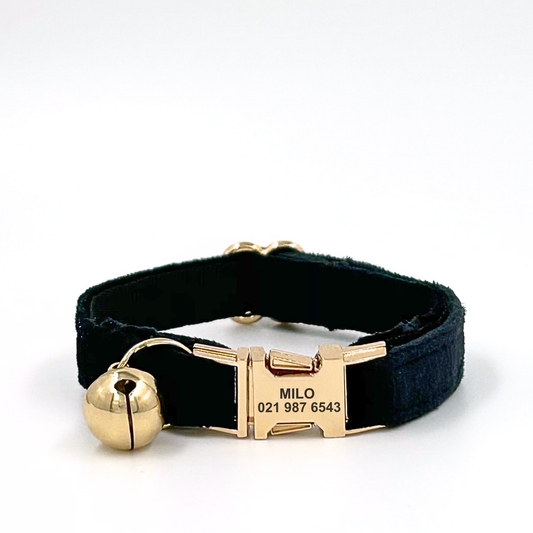 Personalised velvet cat collar - black colour with a gold buckle and bell. Add personalised engraving on the buckle.