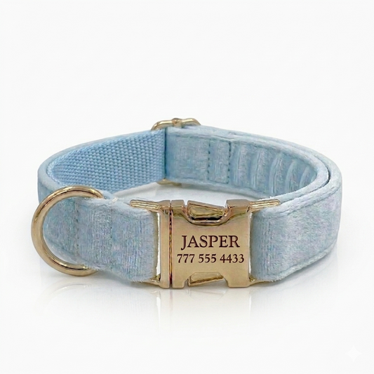 Light Blue Velvet Dog Collar | Personalised