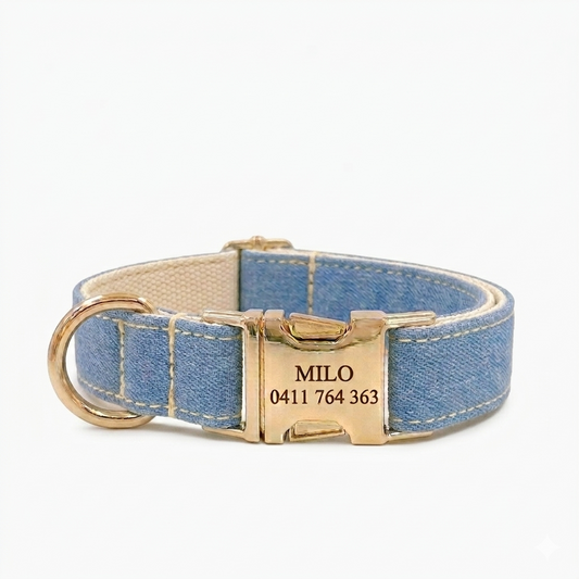 Light Blue Denim Dog Collar | Personalised
