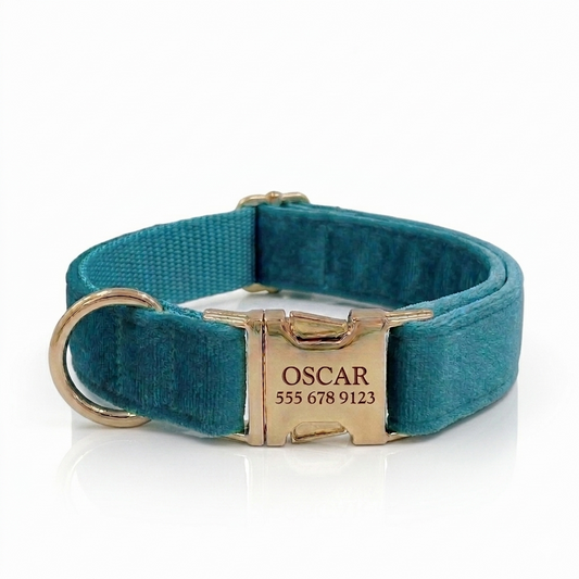 Teal Velvet Dog Collar | Personalised
